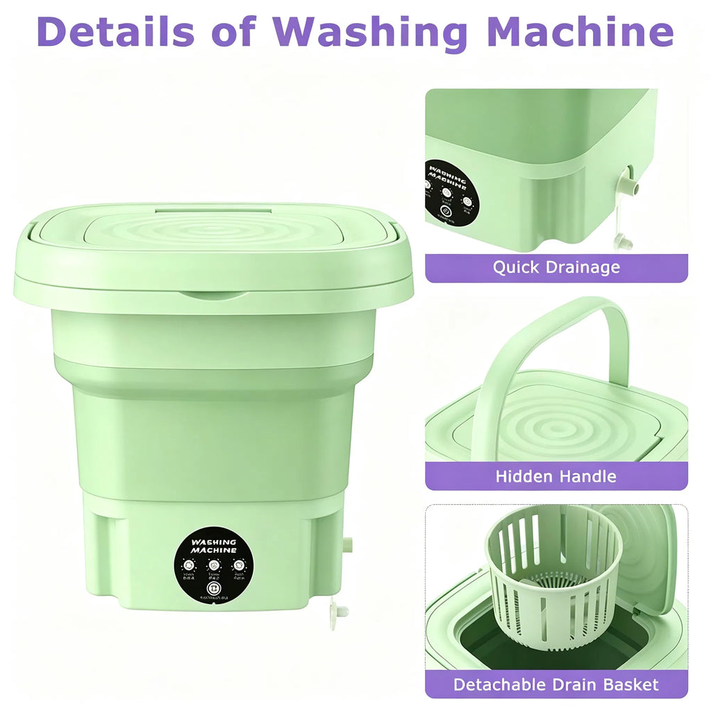 A light mint green collapsible washing machine shown with feature callouts on a white background. The main product is large on the left, with three inset close-ups on the right labeled Quick Drainage, Hidden Handle, and Detachable Drain Basket.