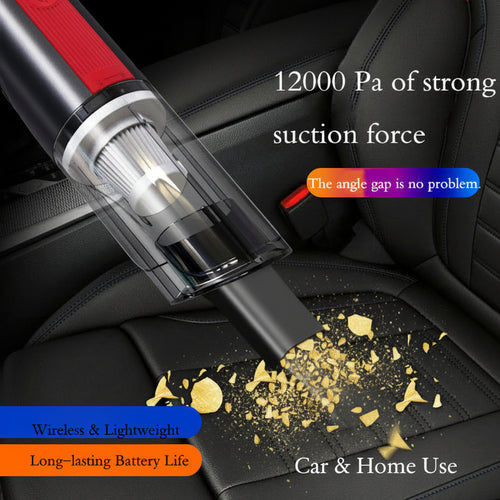 Wireless vacuum cleaner cleaning a car seat with text highlighting features.