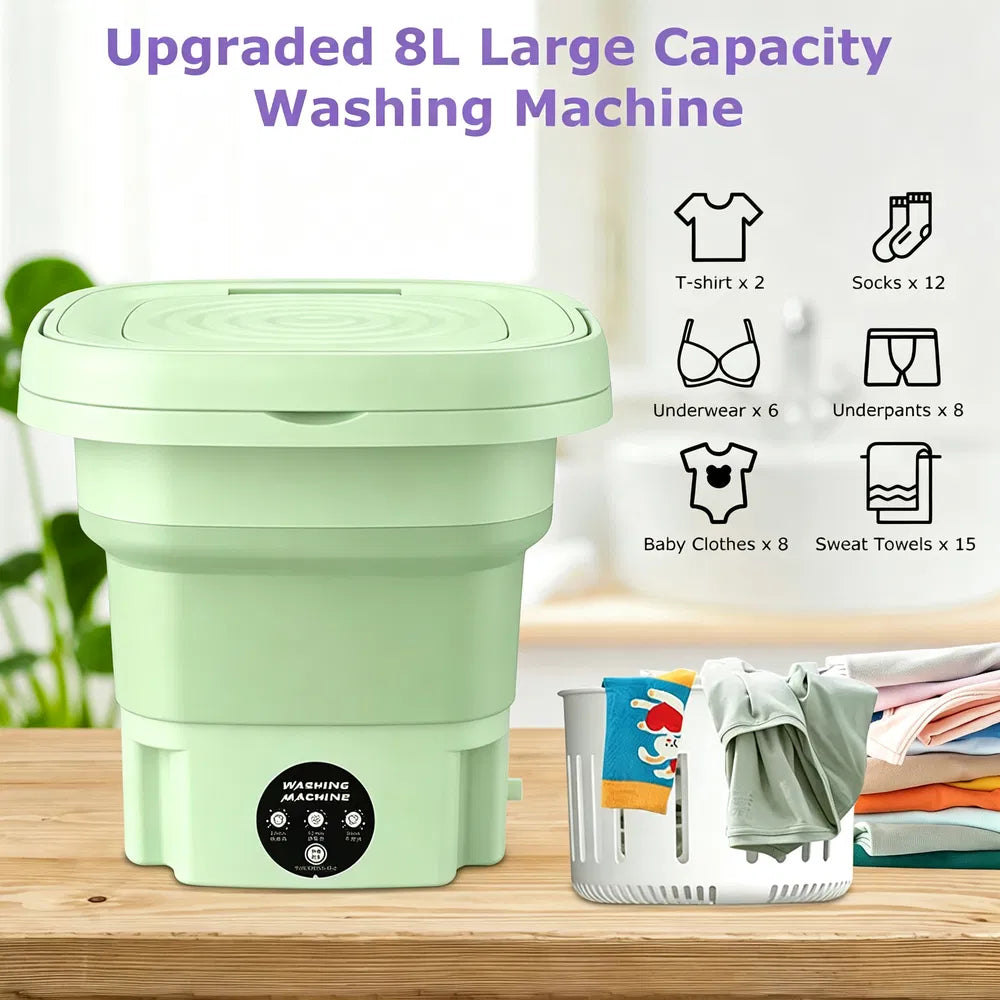 A light green compact folding washing machine shown on a wooden surface with laundry and a basket nearby. Purple text at the top reads 'Upgraded 8L Large Capacity Washing Machine,' and small icons on the right list laundry items it can wash.