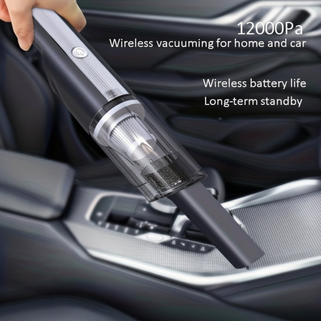 Handheld vacuum cleaner being used inside a car with text highlighting features.