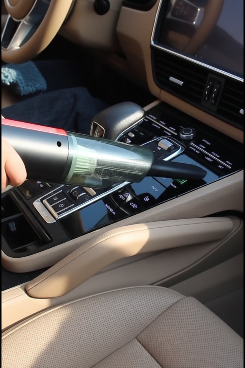 Car interior with a handheld vacuum cleaner being used to clean the dashboard.