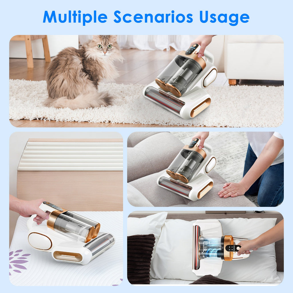 Collage of a handheld vacuum cleaner being used on various surfaces including a rug, bed, and couch.