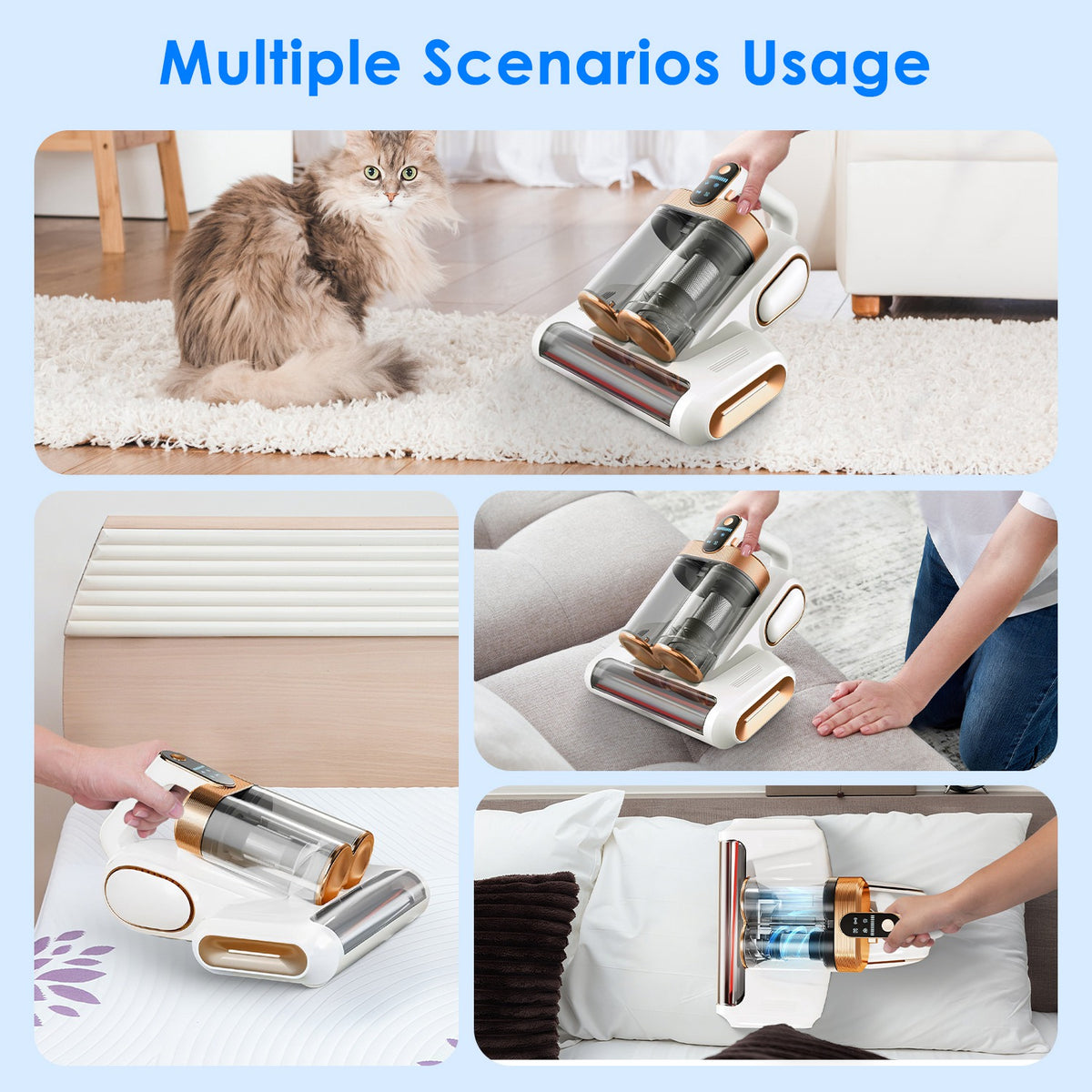 Collage of a handheld vacuum cleaner being used on various surfaces including a rug, bed, and couch.