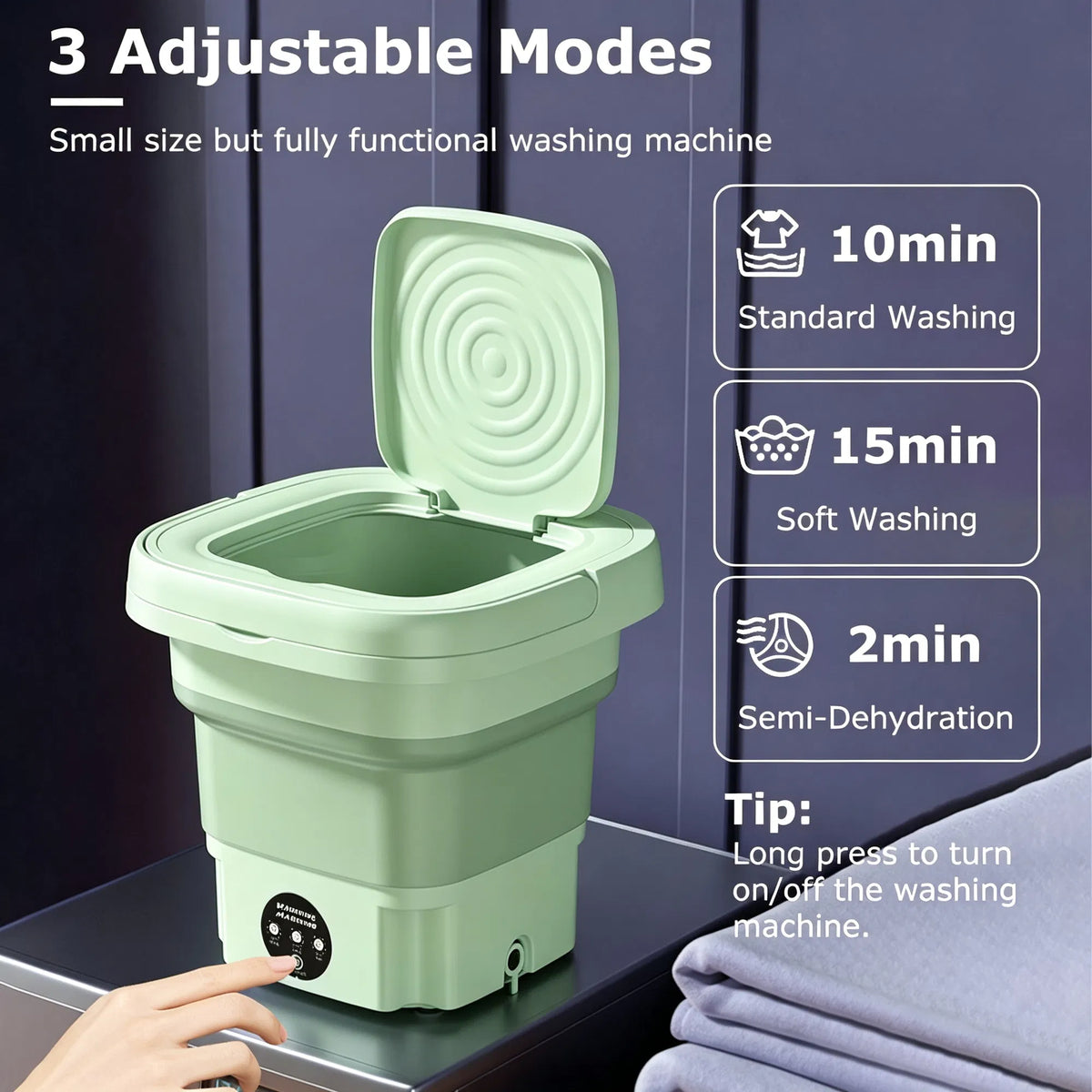 A compact light green portable washing machine shown on a dark countertop with a hand pressing the control panel. The image includes marketing text highlighting three adjustable modes: 10min standard washing, 15min soft washing, and 2min semi-dehydration, along with a tip on how to operate the device.