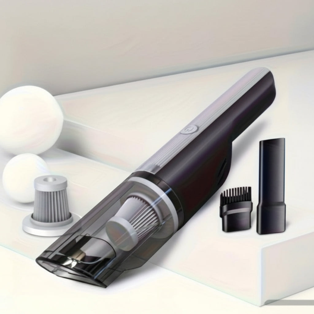 Wireless vacuum cleaner with specifications on a beige background