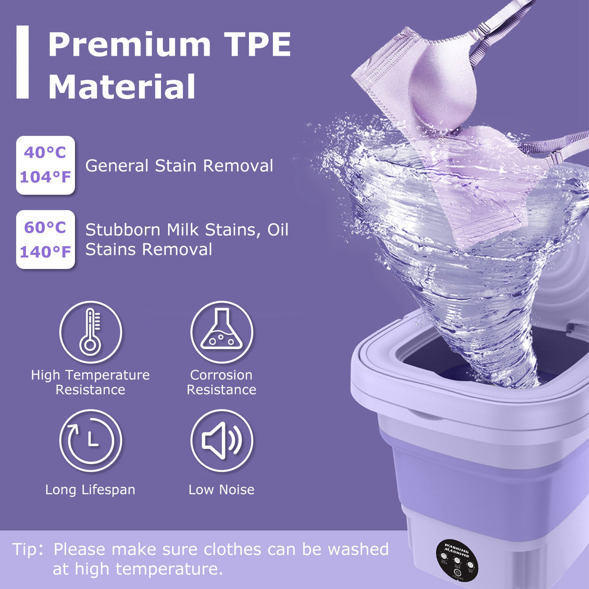Product advertisement for a washing machine with text on TPE material properties and usage.