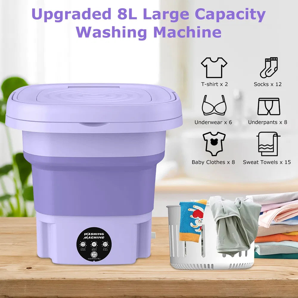 A lavender purple collapsible 8L compact washing machine shown on a wooden table with laundry and icons indicating capacity for various items. Purple text at the top reads 'Upgraded 8L Large Capacity Washing Machine'.