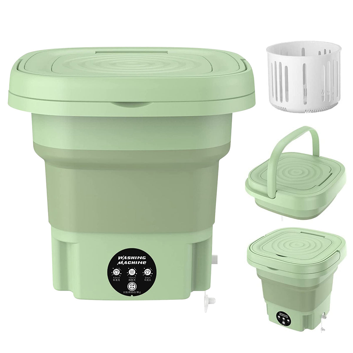 Green portable washing machine with accessories on a white background