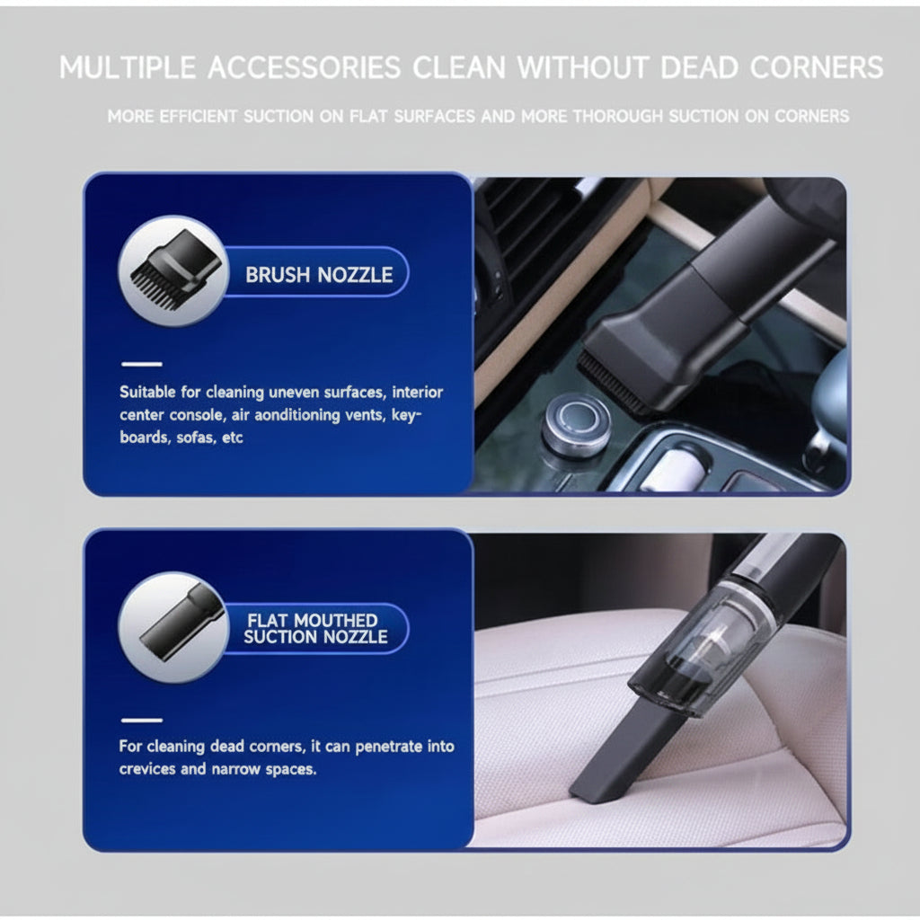 Vacuum cleaner accessories with text on a blue background
