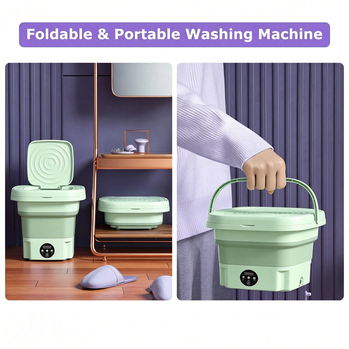 A foldable portable washing machine shown in a split-panel promotional image. The left panel shows the machine folded and placed on a wooden floor in a bathroom-like setting, with the lid open.