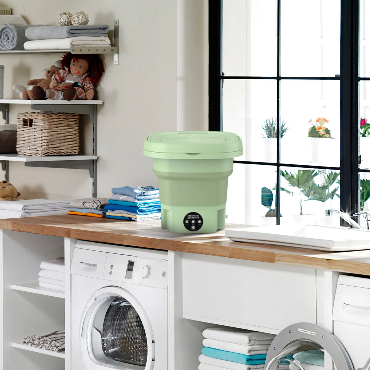 Collapsible green laundry basket on a wooden counter with a washing machine and shelves in the background.