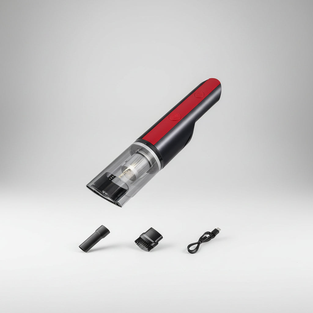 Red and black handheld vacuum cleaner with attachments on a white background
