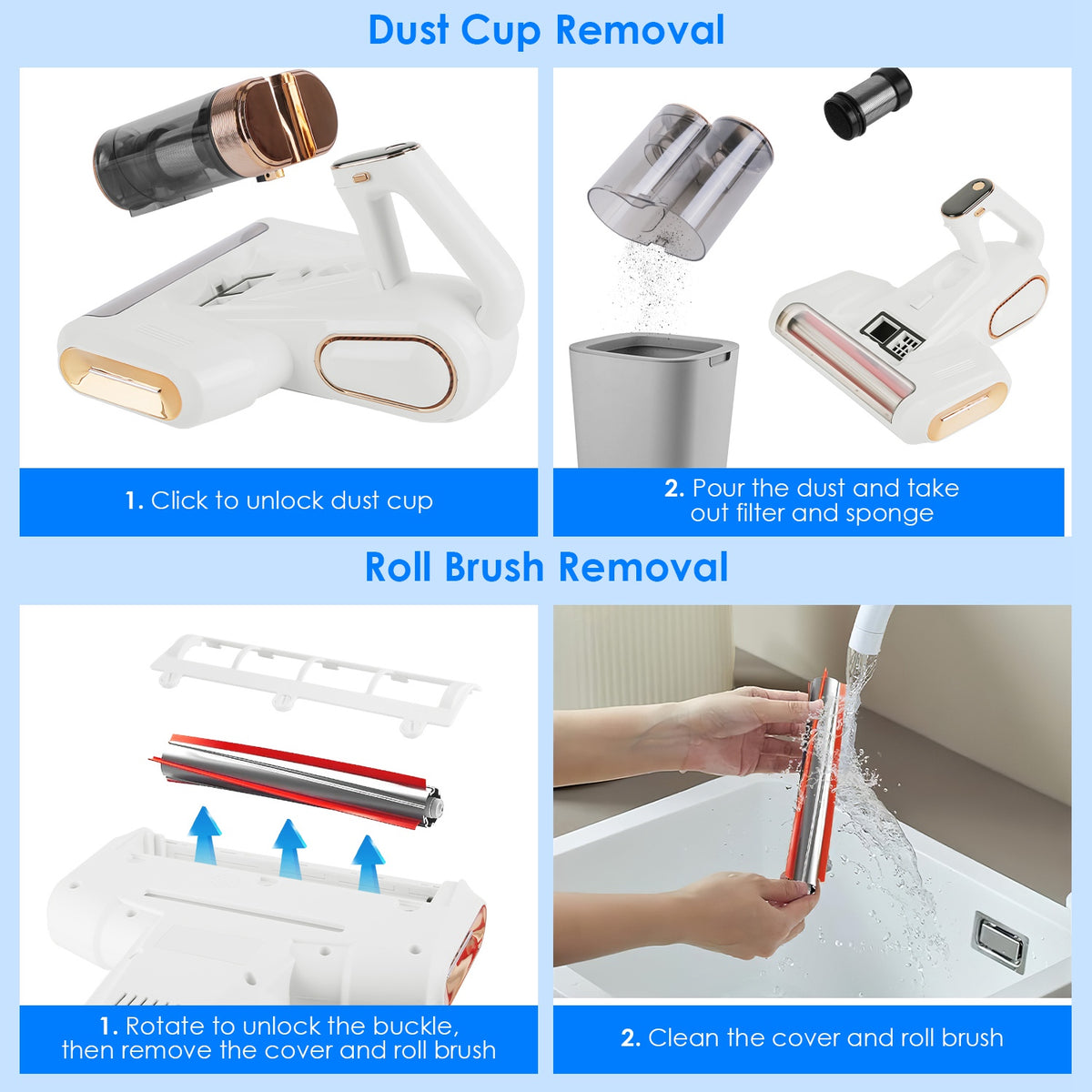 Instructions for removing a dust cup and roll brush from a cleaning device with images and text.