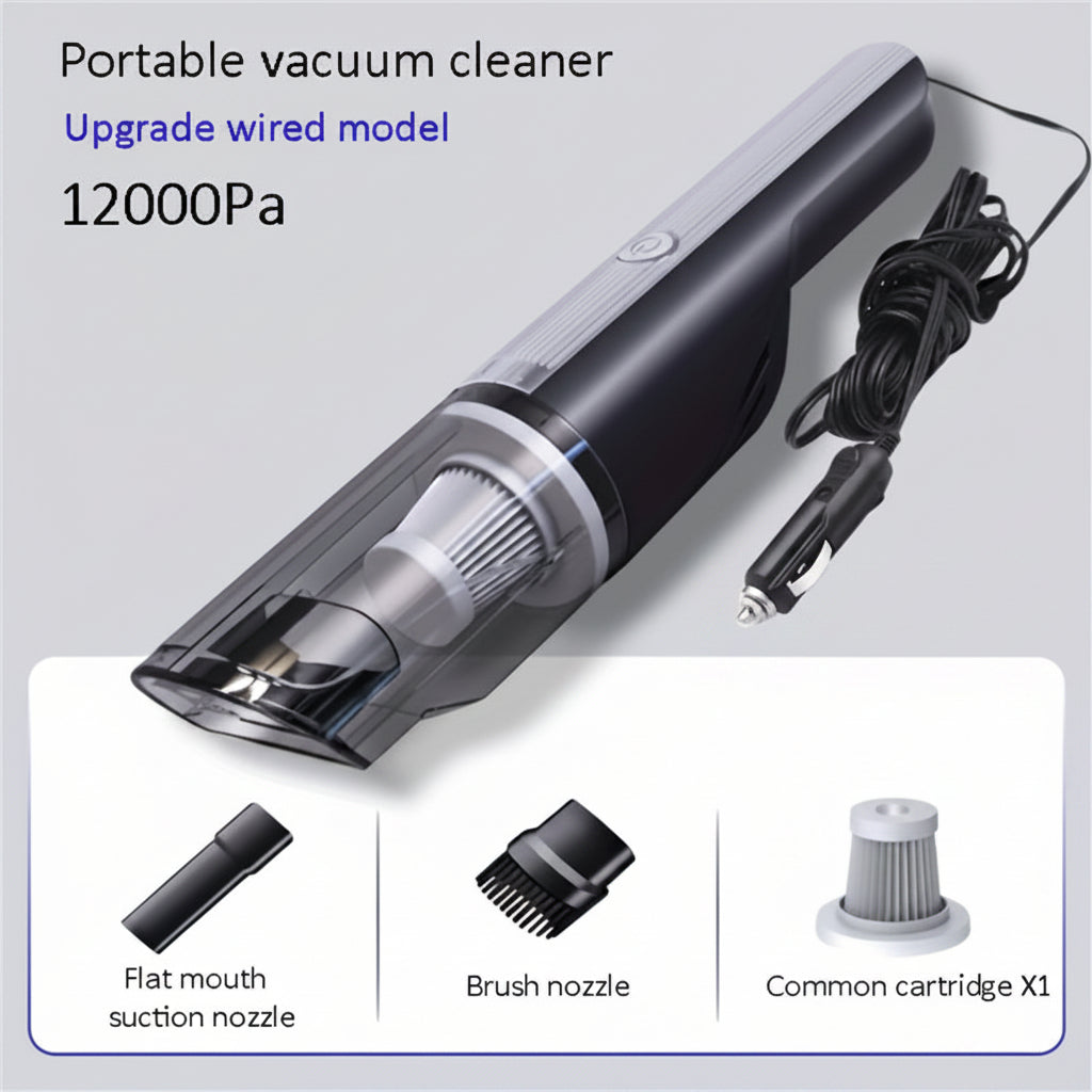 Portable vacuum cleaner with attachments on a light gray background