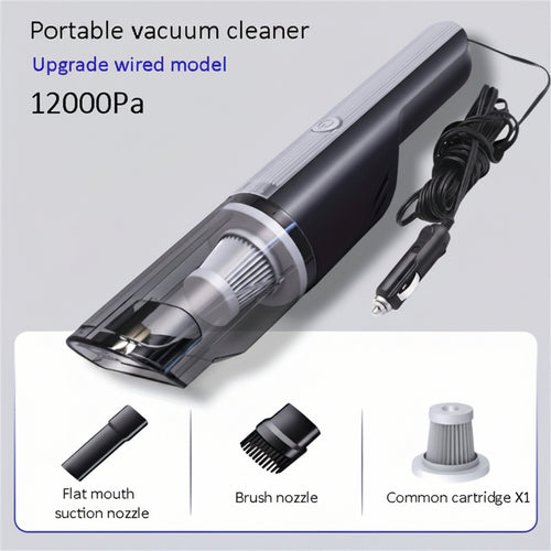 Portable vacuum cleaner with attachments on a light gray background