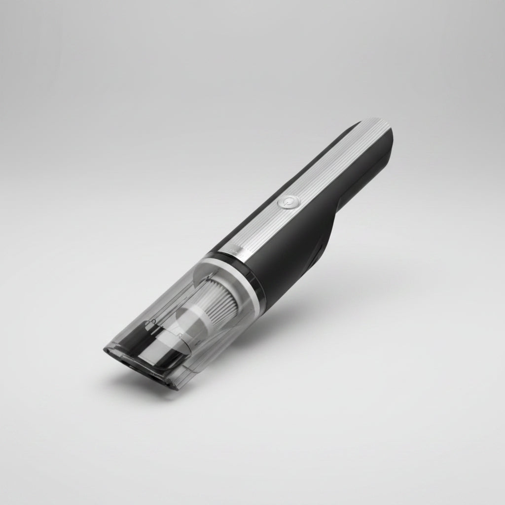 Black handheld vacuum cleaner on a white background