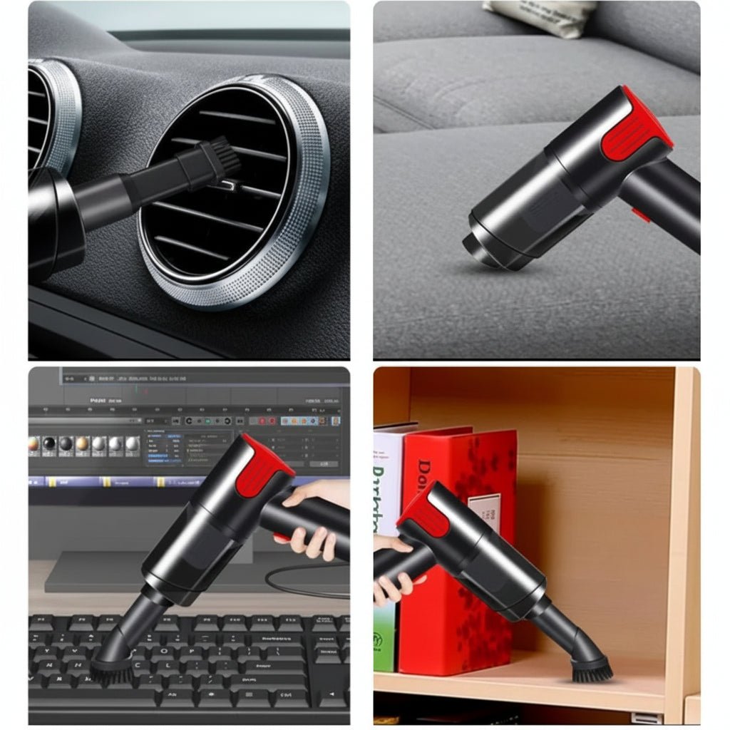 Collage of a handheld vacuum cleaner being used in various settings.