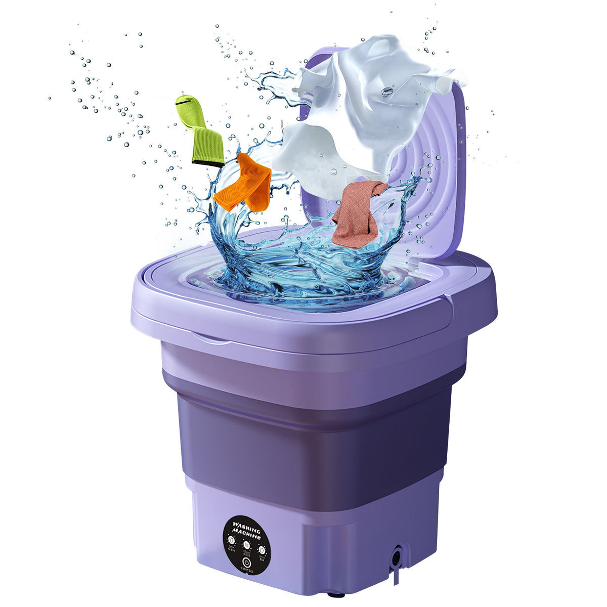 Purple toy washing machine with colorful toys being washed in water on a white background