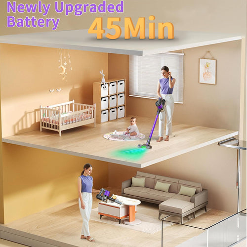 Living room with a woman using a vacuum cleaner, highlighting 'Newly Upgraded Battery 45Min' text.
