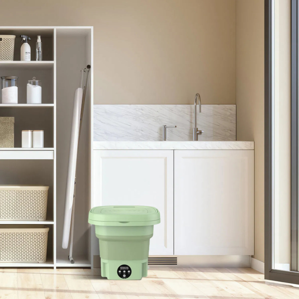 Green collapsible bucket in a bathroom setting with shelves and a sink.