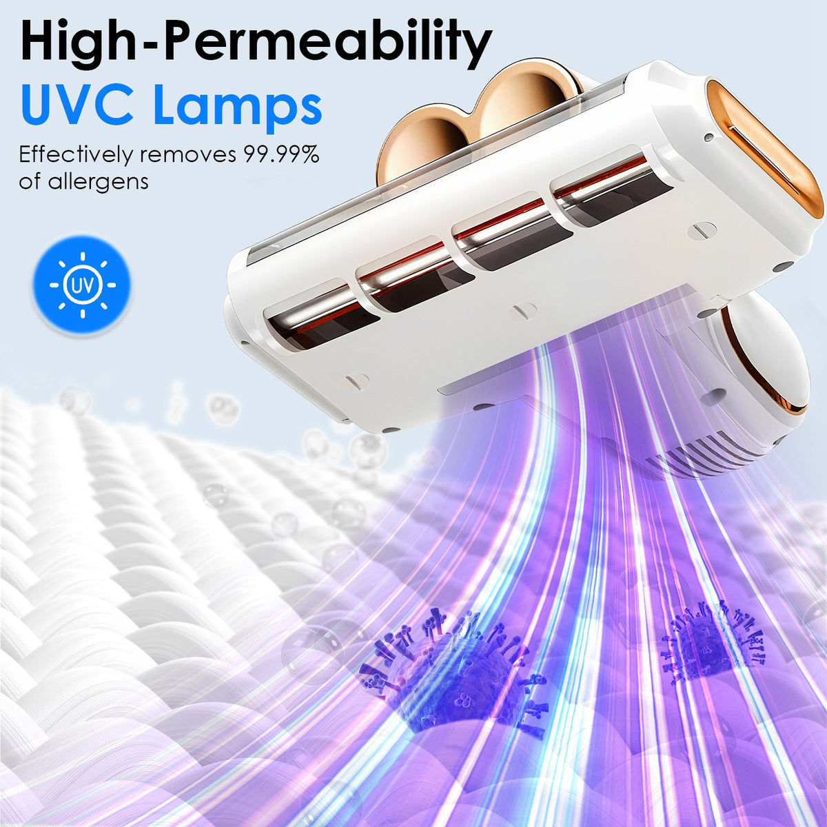 UVC lamp with high-permeability text and allergen removal claim on a light blue background