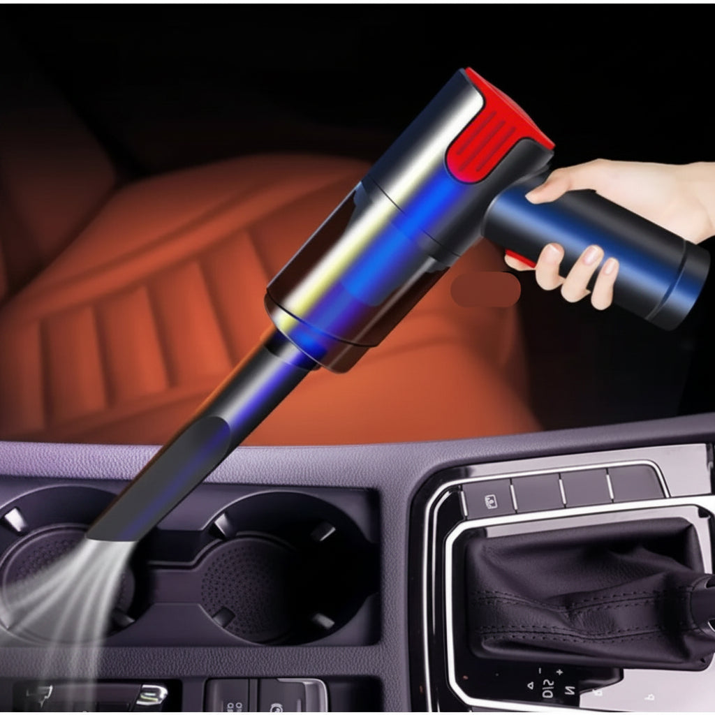 Handheld vacuum cleaner cleaning a car's interior dashboard.