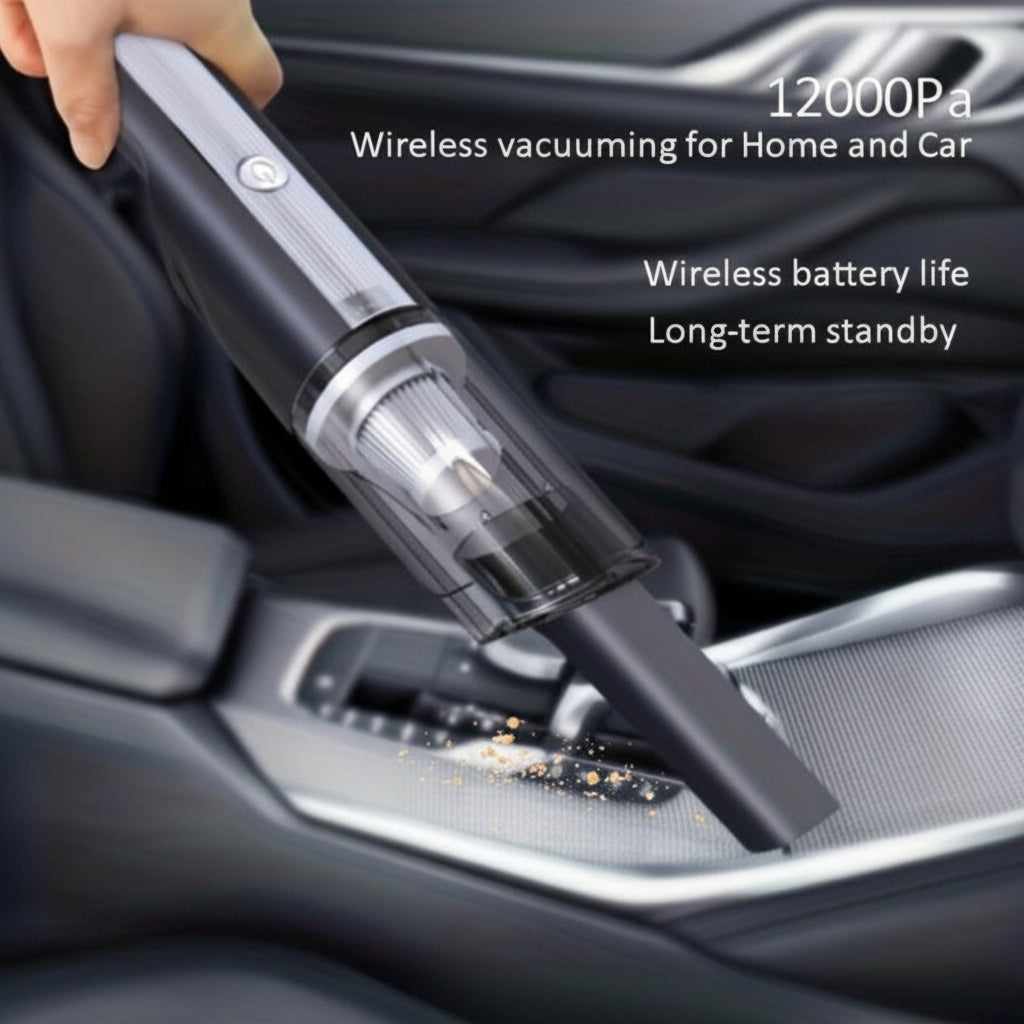 Handheld vacuum cleaner being used inside a car with text highlighting features.