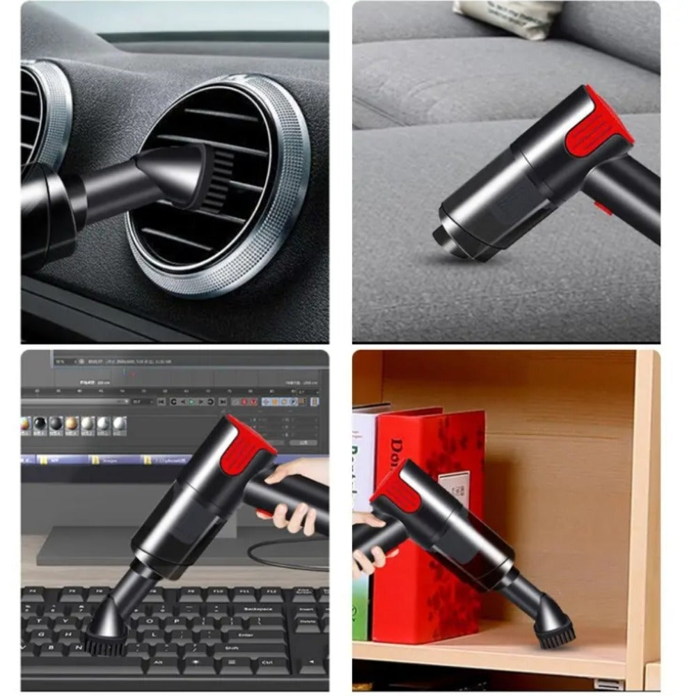 Collage of a handheld vacuum cleaner being used in various settings.