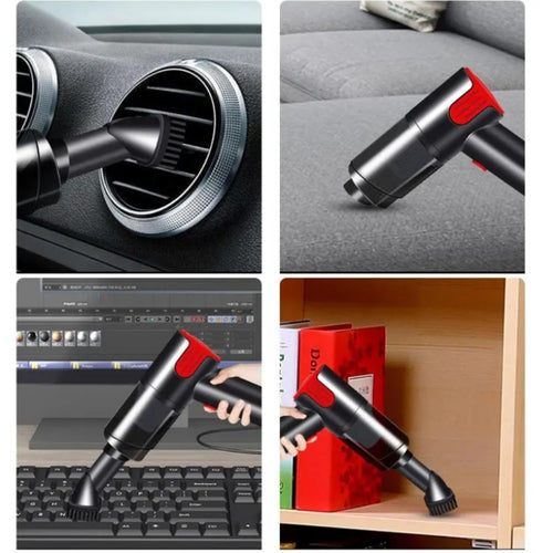Collage of a handheld vacuum cleaner being used in various settings.