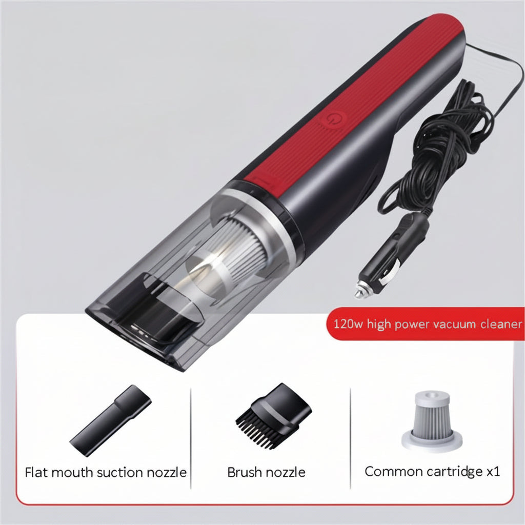 Portable vacuum cleaner with attachments on a gray background
