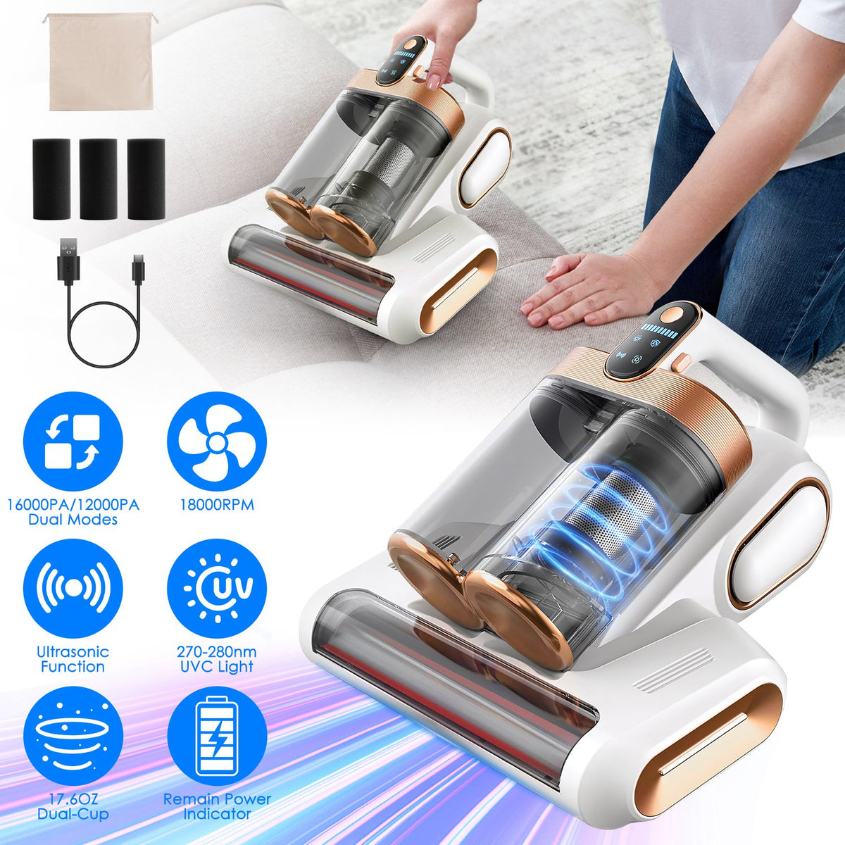 Handheld vacuum cleaner with features highlighted on a white background
