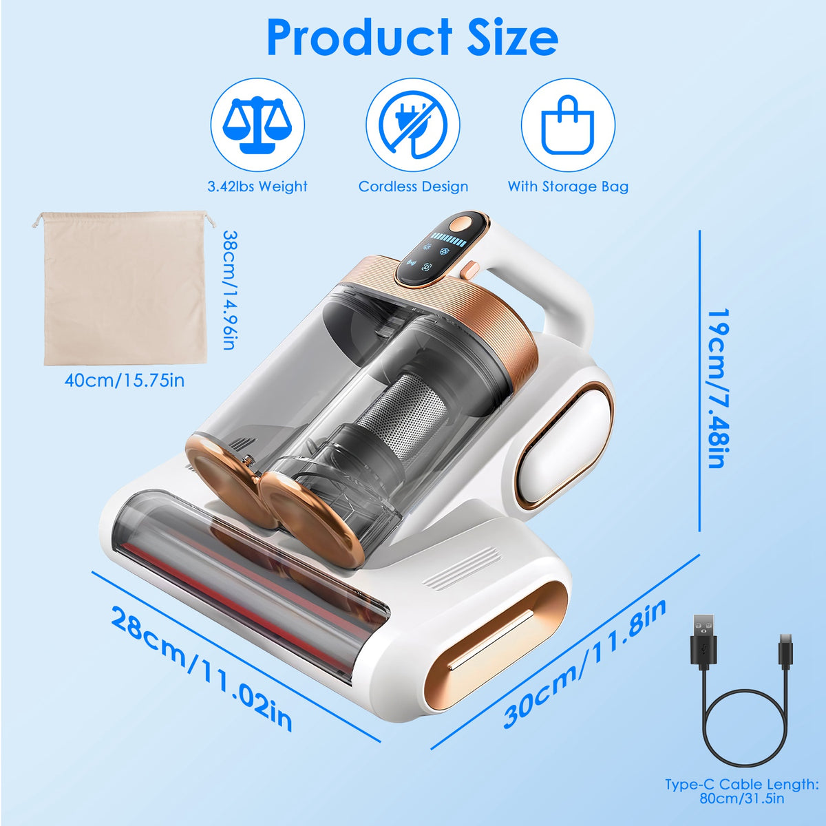 Measurement chart of a handheld vacuum cleaner with dimensions and features on a light blue background.