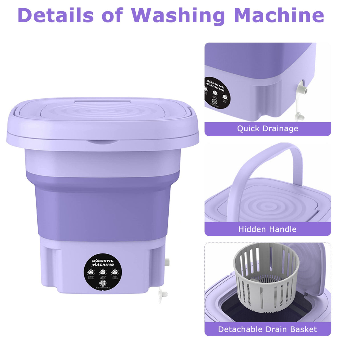 Purple portable washing machine with features highlighted on a white background