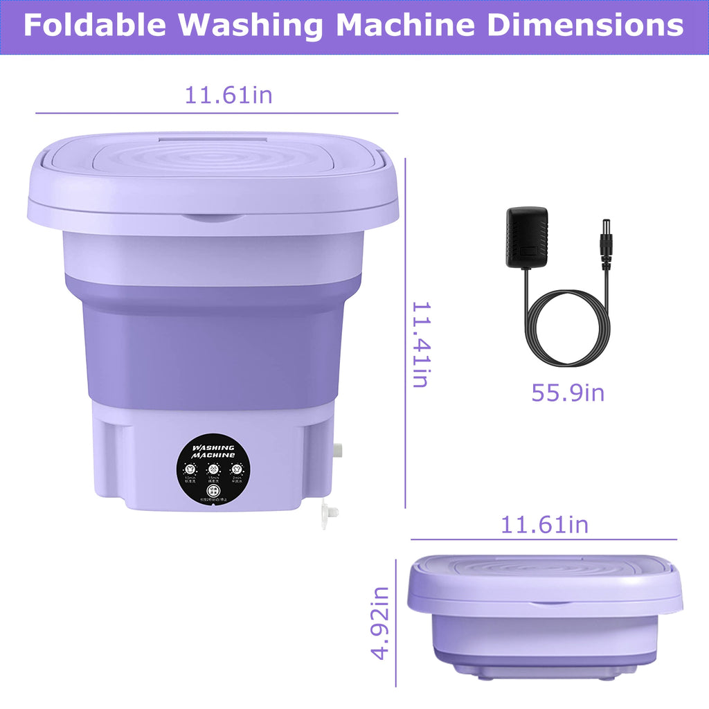 Foldable washing machine with dimensions labeled on a white background
