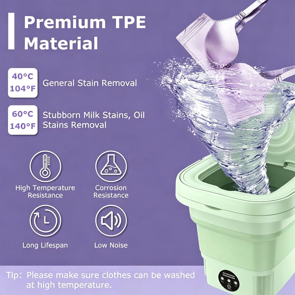 A promotional graphic for a TPE fabric cleaner machine. The right side shows a mint green TPE cleaner holding a swirling, water-filled funnel with a lavender garment inside, under the heading 'Premium TPE Material.