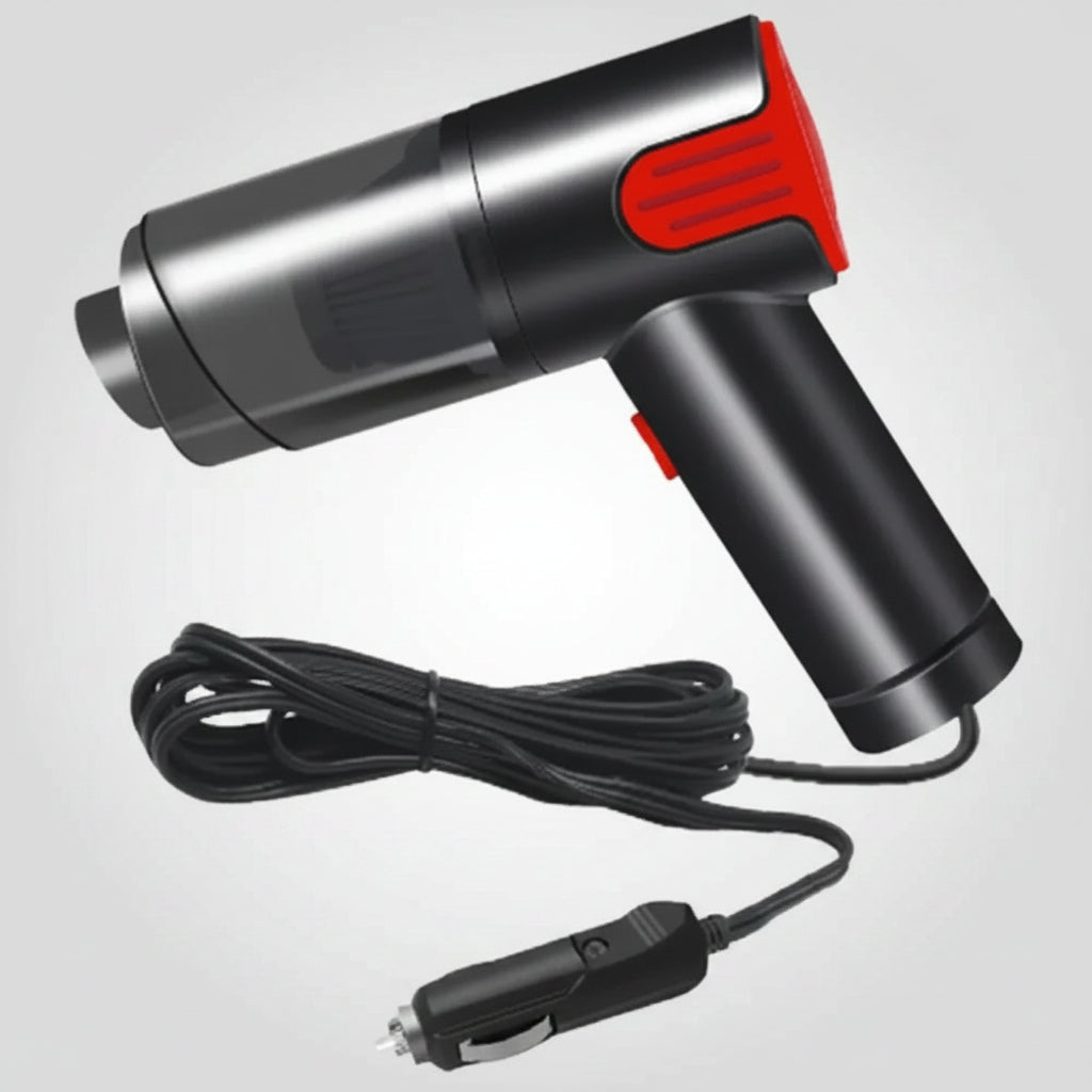 Black and red hair dryer with a car charger cable on a white background