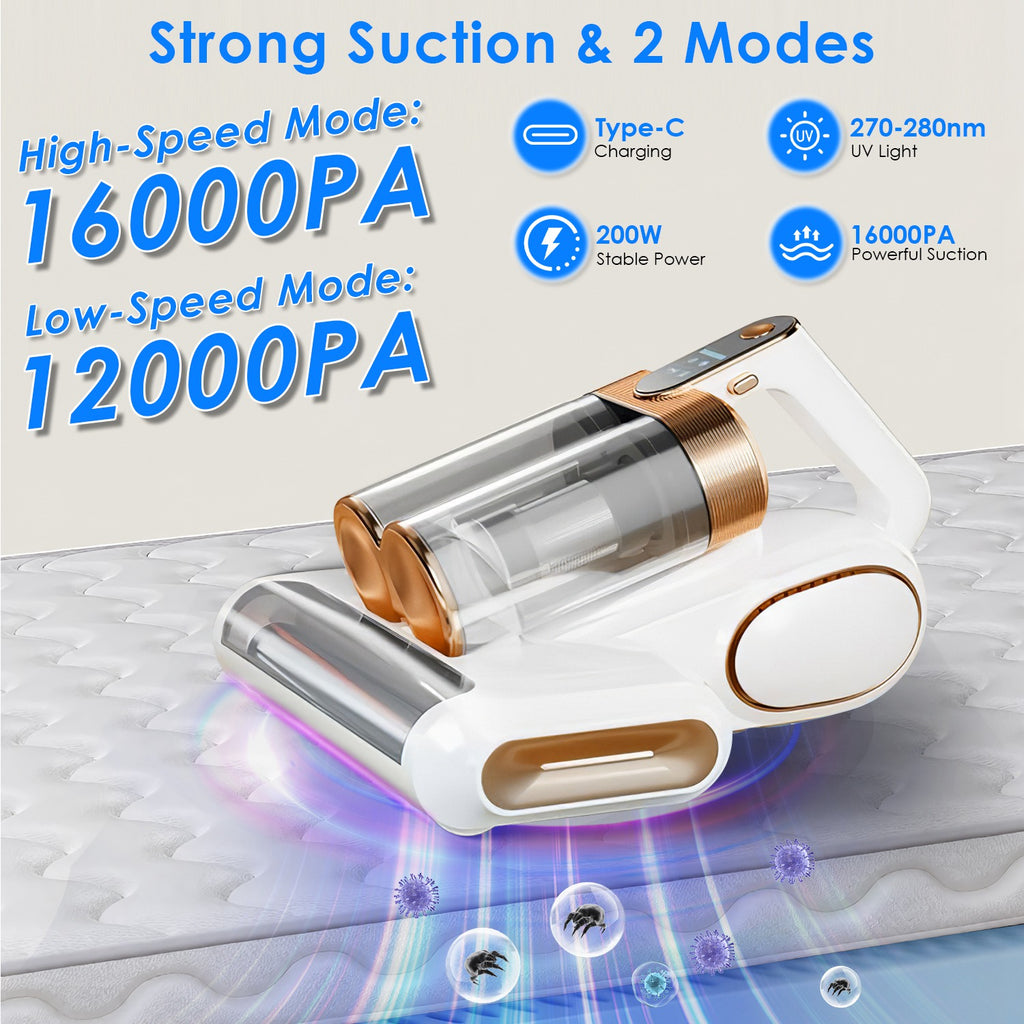 Portable vacuum cleaner with features highlighted on a light background
