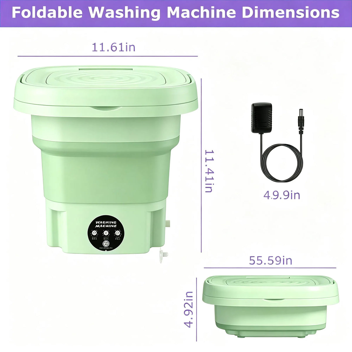 A foldable washing machine shown with dimension labels and a power cord on a white background. The main product is light mint green, with a purple header reading 'Foldable Washing Machine Dimensions' and measurement lines indicating 11.