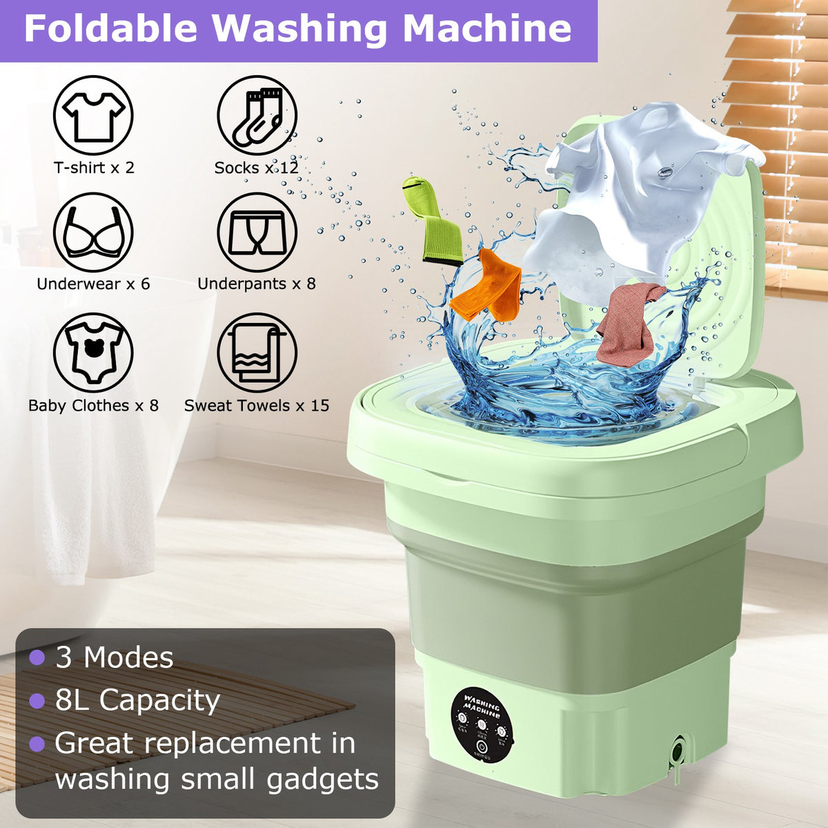 Foldable washing machine with icons of laundry items and product features.