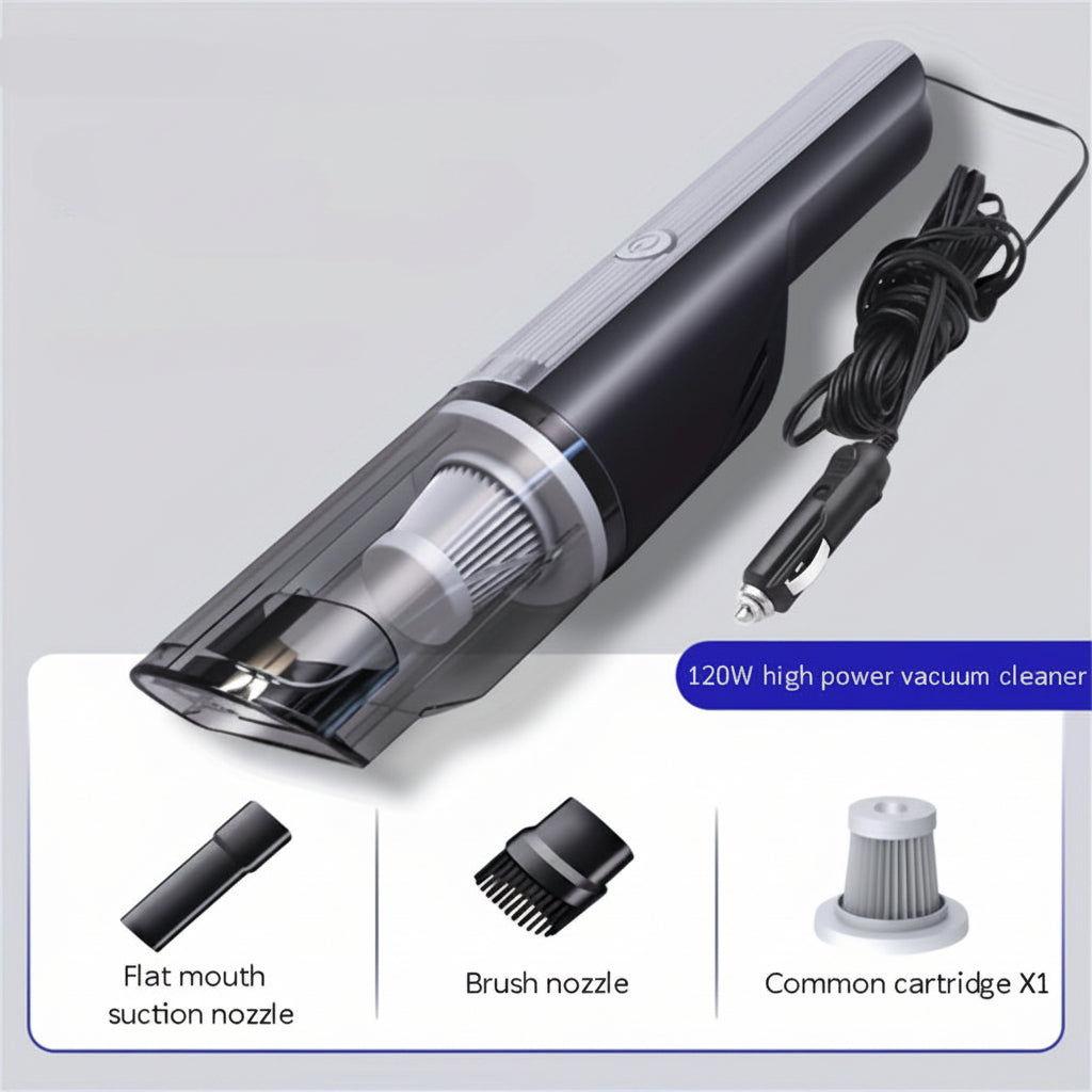 Portable vacuum cleaner with attachments on a light gray background