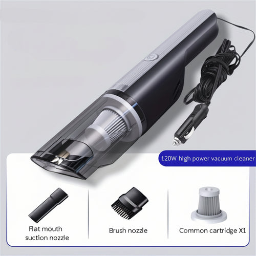 Portable vacuum cleaner with attachments on a light gray background