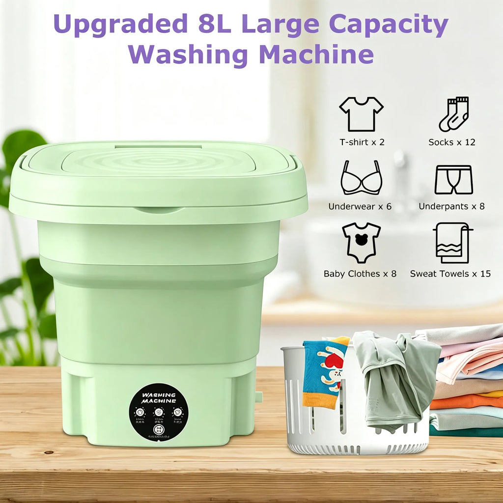 A light green collapsible 8L washing machine shown on a wooden table with laundry and icons indicating capacity for various items. Purple text at the top reads 'Upgraded 8L Large Capacity Washing Machine'.