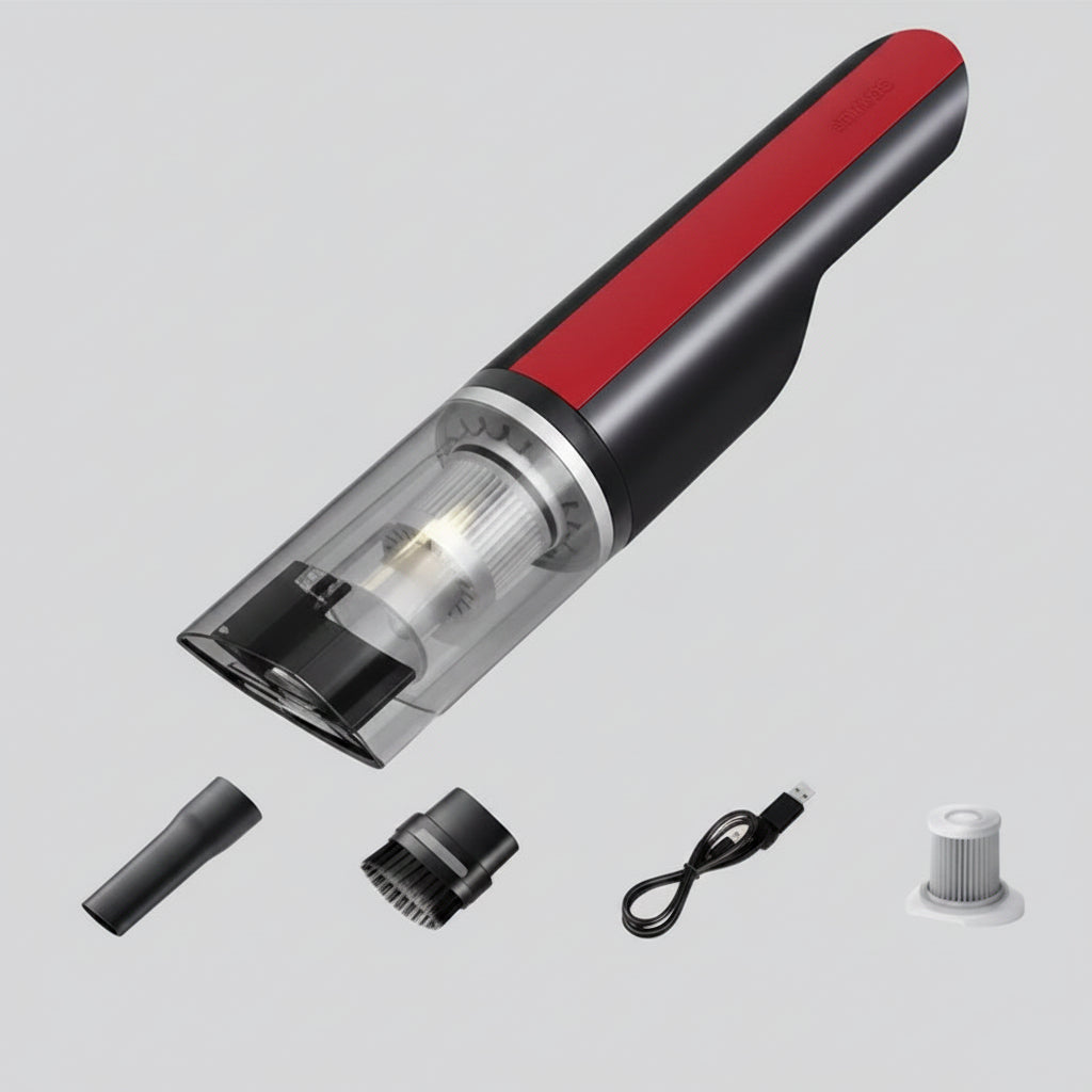 Portable vacuum cleaner with attachments on a white background