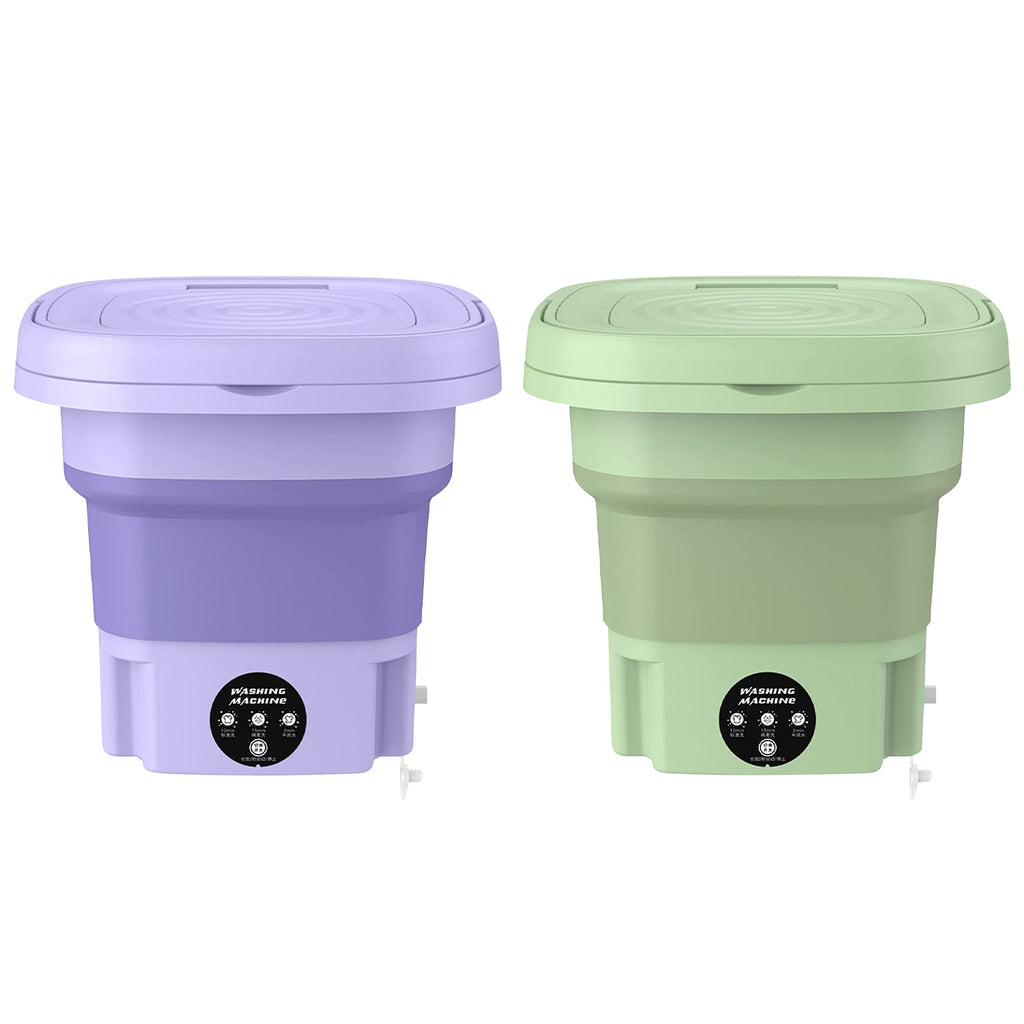 Two collapsible trash bins, one purple and one green, on a white background.