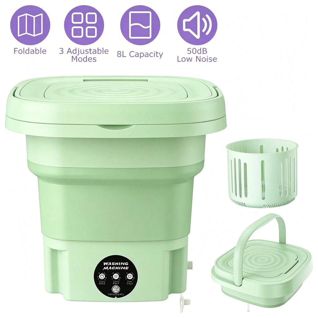A foldable mini washing machine in mint green, shown with its lid open and two accessories: a small cylindrical basket and a carrying handle lid. Purple feature icons at the top highlight foldability, adjustable modes, 8L capacity, and low noise.