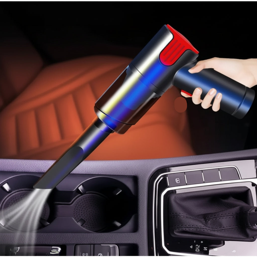 Handheld vacuum cleaner cleaning a car's interior dashboard.