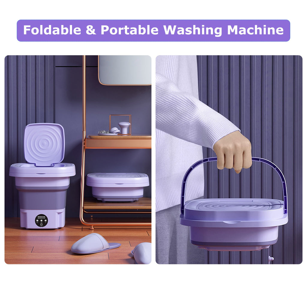 Foldable and portable washing machine with a person holding it.